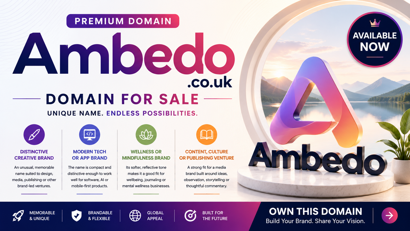 Promotional domain graphic featuring Ambedo.co.uk, shown with creative media motifs and modern brand elements. Style: bright contemporary and premium.