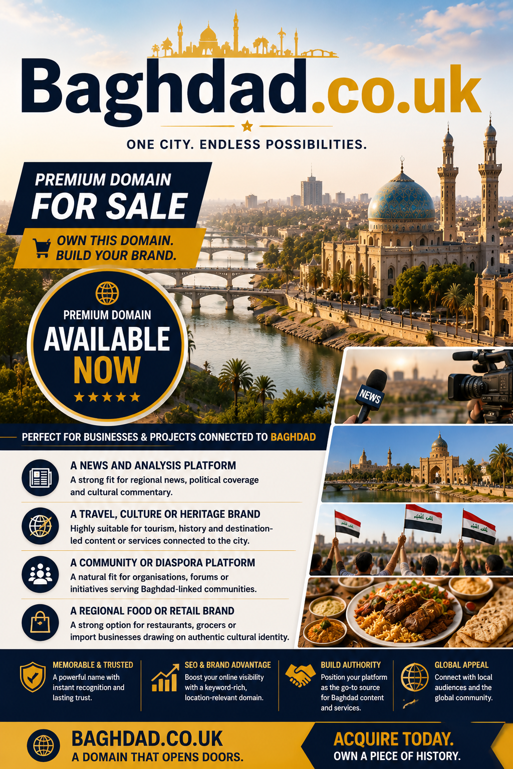 Promotional graphic featuring the domain Baghdad.co.uk, shown with a city skyline and cultural landmarks. Style: bright, premium, destination-focused branding.