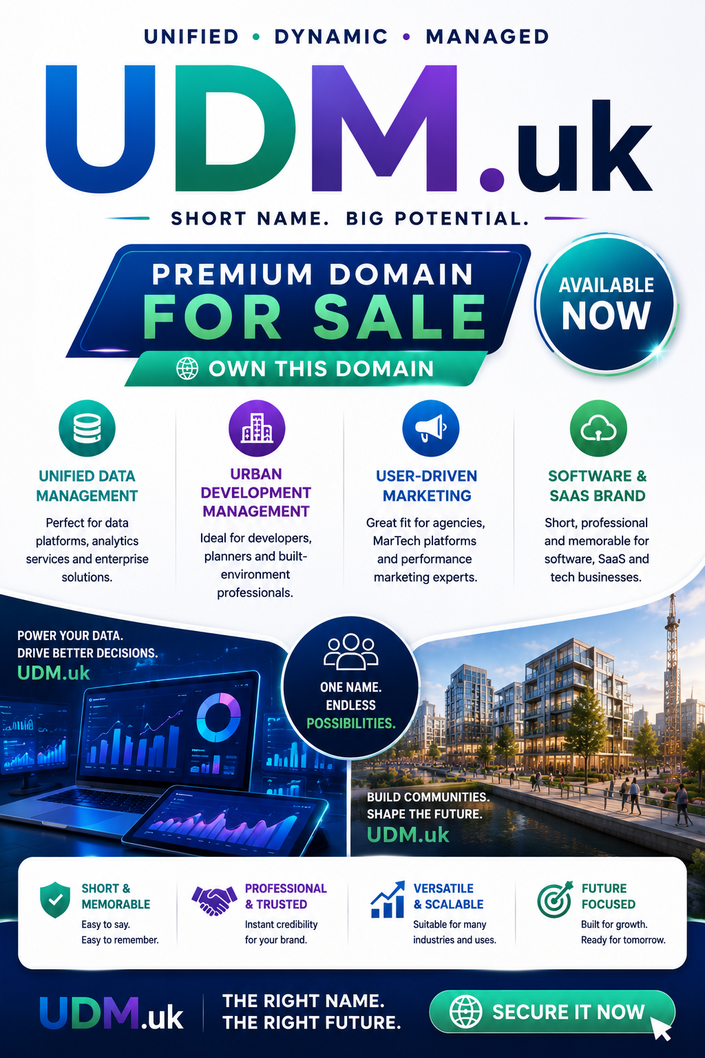 Promotional graphic for UDM.uk with data analytics, software and urban development visuals in a bright modern style.