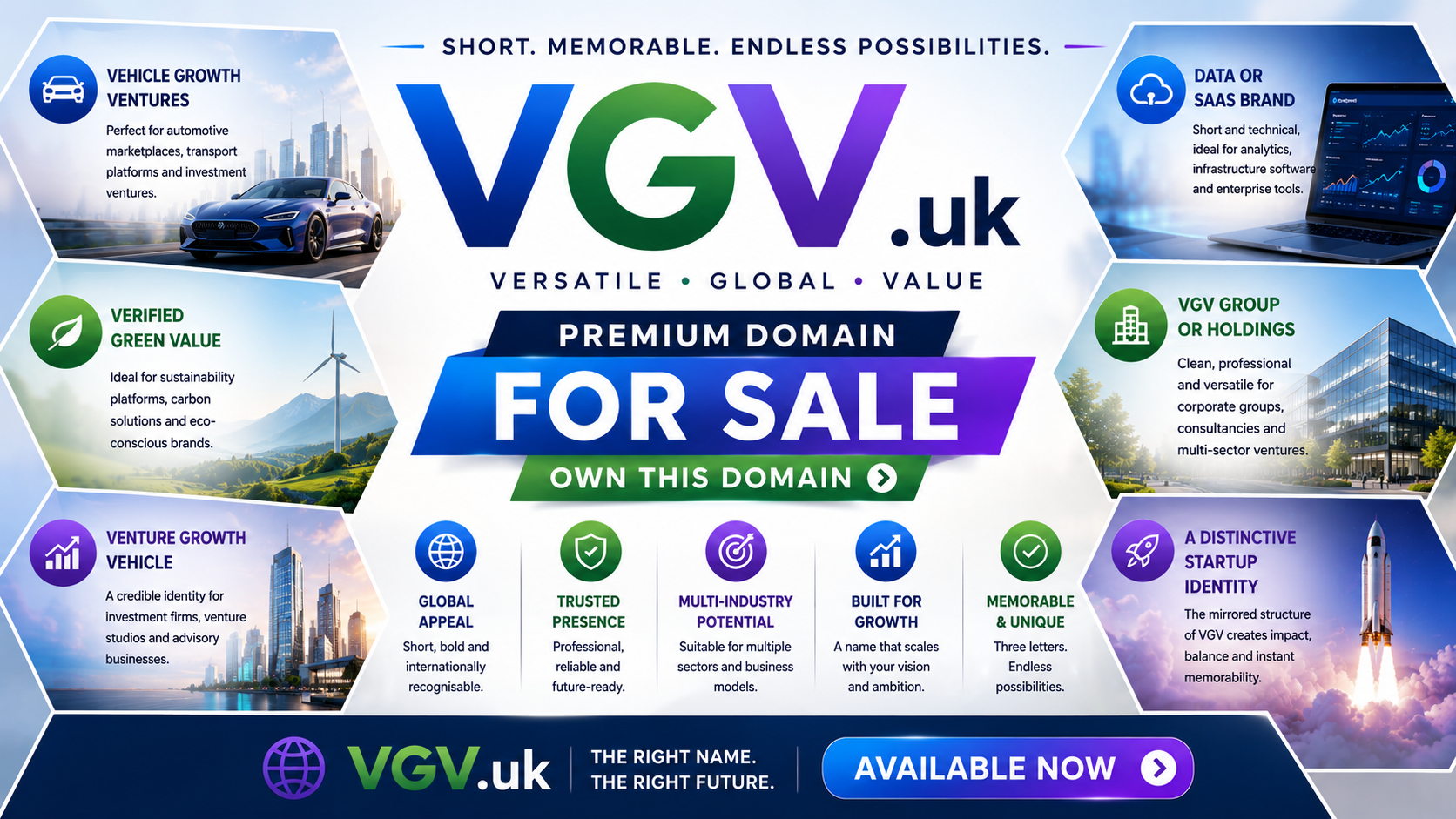 Promotional graphic for VGV.uk with automotive, SaaS and investment visuals in a bright futuristic style.