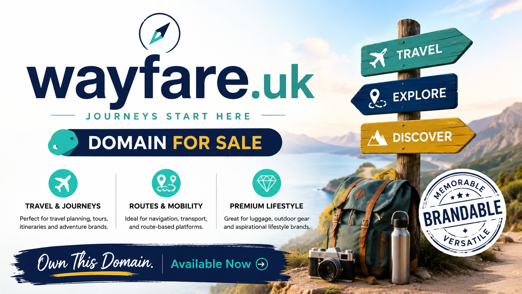 Promotional banner for wayfare.uk with travel signposts, hiking gear and scenic lake backdrop. Style: bright modern travel branding.